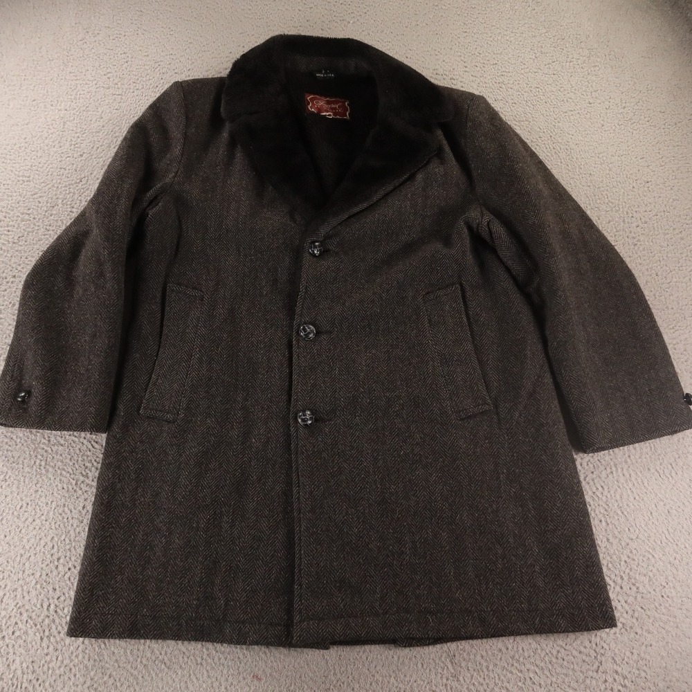 VTG Tweed Jacket Mens M Gray Herringbone Wool Fur Trim Made in USA